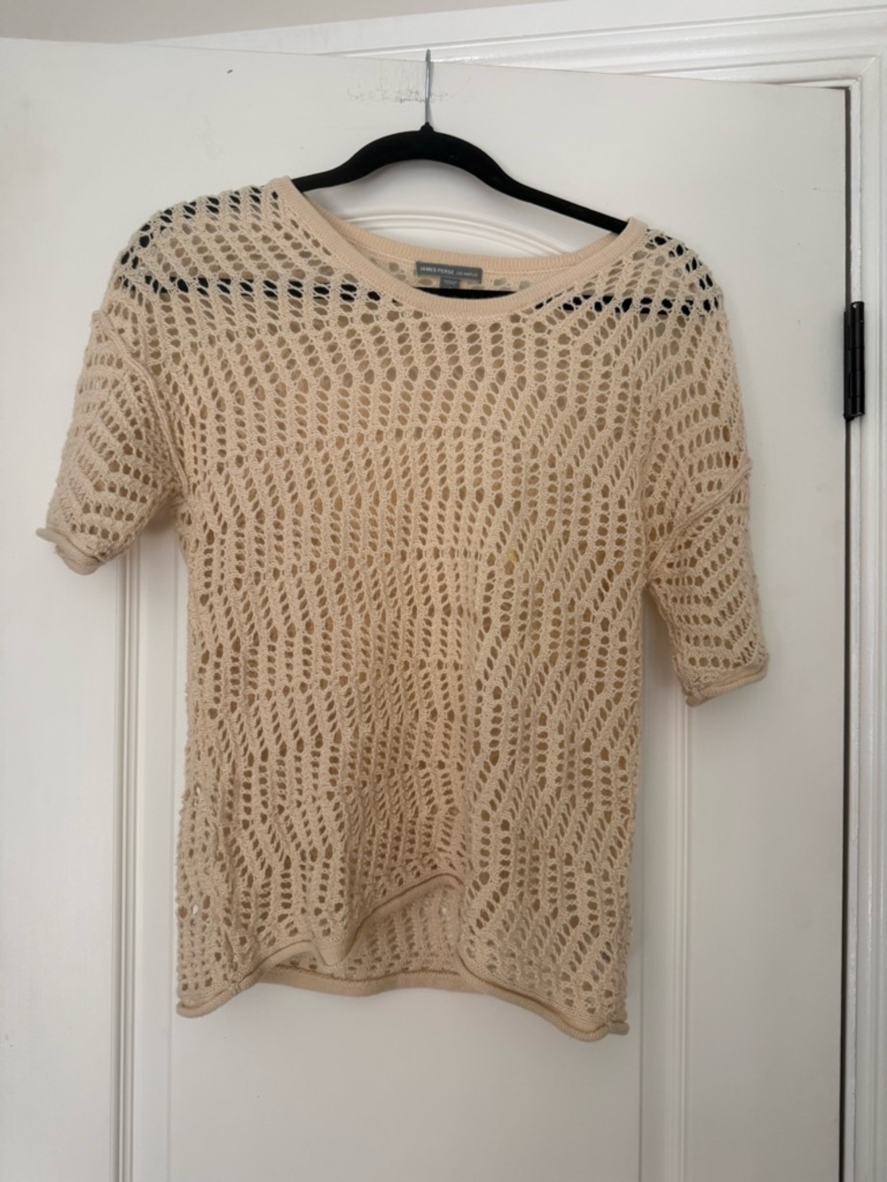 James Perse Open-Knit Short Sleeve Wool Cashmere Sweater in Light Cream Small